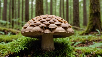 En luskinga med brun hatt og hvit stilk som vokser blant trærne.