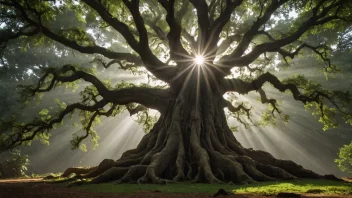 Yggdrasil, Verdens største tre i norrøn mytologi, omgitt av en halo av lys.