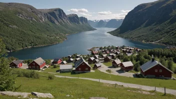 Et idyllisk landskap av en norsk landsby med et skilt som viser navnet Myklebosts