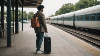 En person som venter på en bussholdeplass eller en togstasjon, med en koffert eller bag.