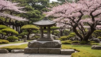 Et fredelig japansk hage med en steinlykt og kirsebærblomstertrær, med en steintavle med tankadikt.