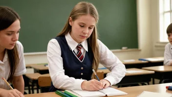 En skolepike i norsk skoleuniform, som hjelper en lærer med en oppgave.