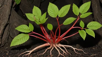 Et bilde av Krappens-planten, som viser dens røde røtter og blader.