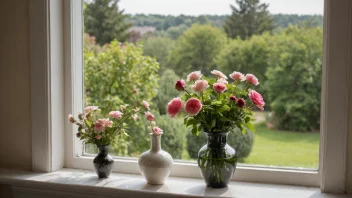 En koselig vindusnisje med en vakker vase og friske blomster, med utsikt til en frodig hage utenfor