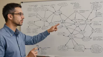 En person som forklarer et komplekst emne med diagrammer og notater.