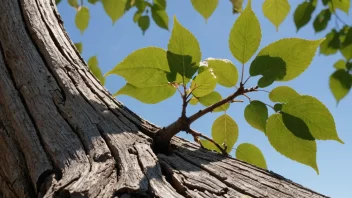 En kvist som vokser ut fra stammen på et tre, symboliserer vekst og natur.