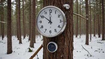 En kaldklok montert på et tre i en snødekt skog.