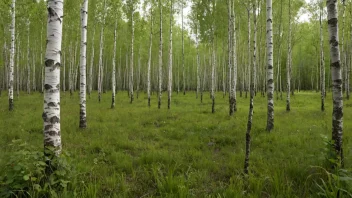 En vakker bjørkeskog med en blanding av åpne områder og tett treskog.