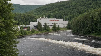 En fabrikk som produserer trevarer, med en naturlig bakgrunn.