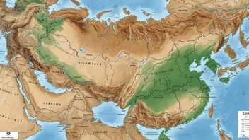 Et kart over Sentralasia, som viser landene, fjellene og ørkenene i regionen.