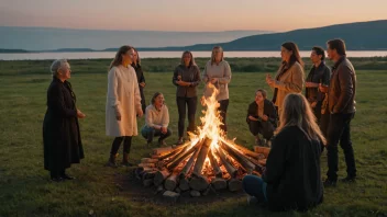 En festlig scene av mennesker som feirer Valborg, en tradisjonell skandinavisk vårfest.