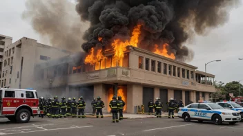 En dramatisk scene av en bygning i brann med politi og brannmenn som arbeider for å slukke flammene og etterforske årsaken.