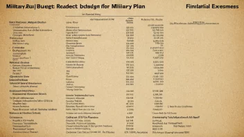 En detaljert illustrasjon av en militær budsjettplan med økonomiske tildelinger for ulike militære aktiviteter og utgifter.