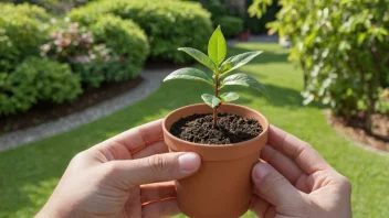 En person holder en liten potteplante med grønne blader.