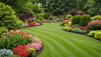 En vakker hage med fargerike blomster og en velpleid gressplen.