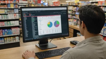 En person som analyserer data på en dataskjerm med en butikk i bakgrunnen