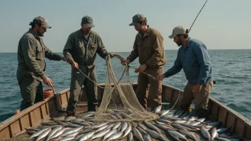 Fiskere som samarbeider på en fisketur, med en vellykket fangst.