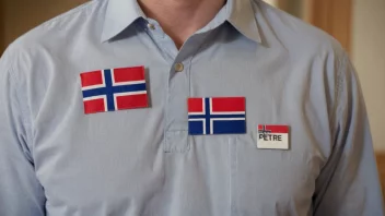 En person med en navnelapp som sier Petre, med et norsk flagg i bakgrunnen