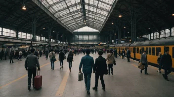 En travel togstasjonsinngang med en stor skilt som leser 'Stasjonsinngang'