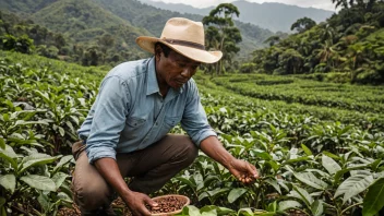 En kaffedyrker inspekterer nøye kaffebønner på en frodig grønn plantasje.