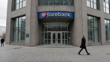 Et bilde av en Sparebank-bygning i Norge, som viser bankens logo og mennesker som interagerer med banken.