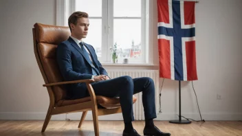 Et bilde av en person som sitter i en stol, med et norsk flagg i bakgrunnen.