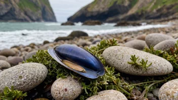 Et blåskjell på en steinete strand.