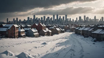 En dramatisk illustrasjon av et snørikt vinterlandskap med en bysilhuett i bakgrunnen, som fremhever kampene under en krisevinter.