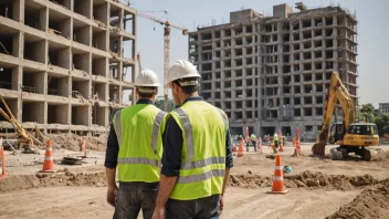 En byggeplass med en bygning i bakgrunnen og arbeidere i forgrunnen.