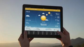 En person som sjekker værmeldingen på en tablet, med en solfylt himmel i bakgrunnen.