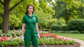 En fylkesgartner i en grønn uniform, holder et hageverktøy, står foran en vakker park med blomster og trær.