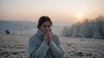 En person fryser i kulden, med et frostent landskap i bakgrunnen.