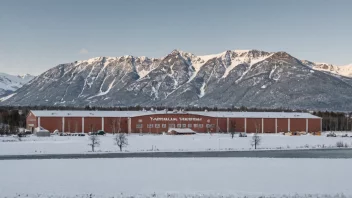 En fabrikkbygning med en skilt som leser 'Våpenfabrikk' på norsk.