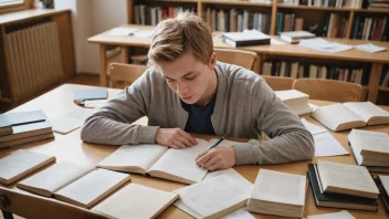 En elev som studerer for en artiumseksamen i et koselig bibliotek.