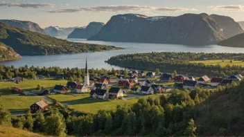 Et pittoreskt norsk landskap med en liten by eller landsby i det fjerne.