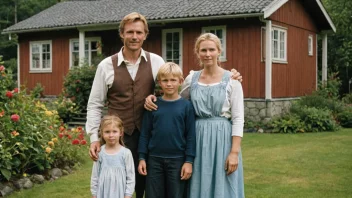 En typisk norsk familie med to barn, en mor og en far, som står foran et hus med en hage.