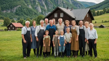 En familie av bønder foran en tradisjonell norsk gård.