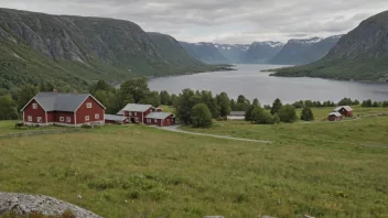 Et pittoreskt norsk gårdsbruk med en skilt med navnet 'Bjellands'.