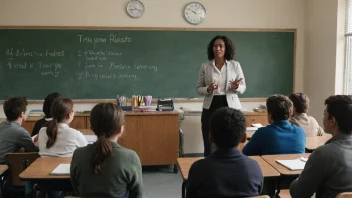 En lærer i et klasserom, omgitt av elever, med en tavle eller whiteboard i bakgrunnen.