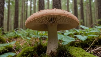 En bråstopp med brun hatt og hvit stilk som vokser blant trærne.