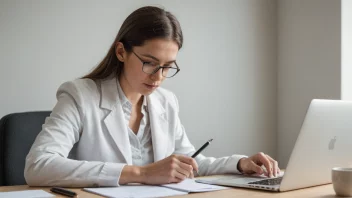 En forsker som sitter ved et skrivebord med papirer og en laptop, ser fokusert og bestemt ut