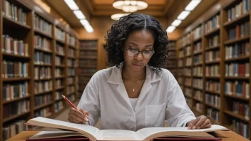 En person som studerer en bok med tekniske termer, med en bakgrunn av et bibliotek eller en forskningsinstitusjon.