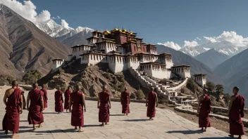 Tibetansk buddhistisk kloster med munker i tradisjonelle klær