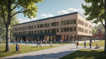 Et bilde av en norsk skolebygning med barn som leker utenfor.