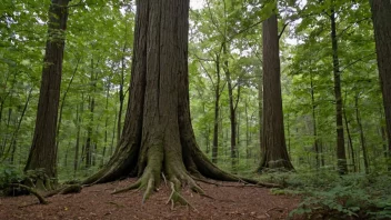 Et høyt tre med en tykk stamme og grener, omgitt av mindre planter og trær i en skog.