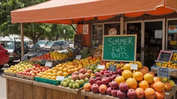 En fruktstand med en variasjon av sesongfrukter