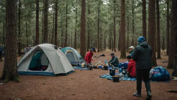 En leir i en skog med mennesker som setter opp telt og campingutstyr.