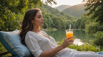 En fredelig og avslappende scene av en person som slapper av i en naturlig setting, med en kjølig drink.