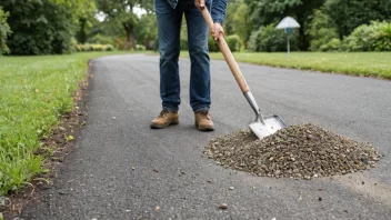 En person sprenger grus på en vei for å forbedre overflaten, med en hage i bakgrunnen.