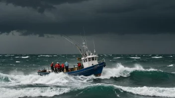 En fiskebåt i en stormfull sjø, med bekymrede fiskere i forgrunnen.